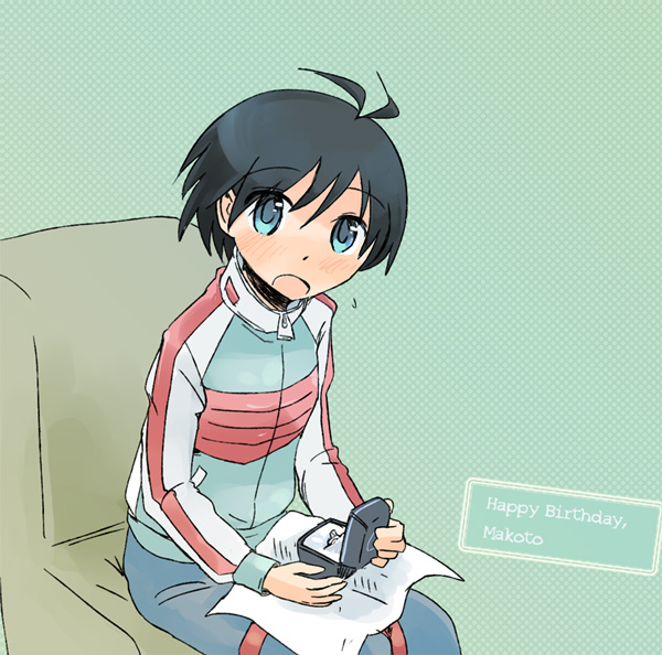 bad_id, black_hair, blue_eyes, blush, chair, idolmaster, jacket, jeans, jewelry, kikuchi_makoto, koi_(k51), koi_(pixiv187566), raglan_sleeves, ring, shocked, short_hair, sitting, surprise, surprised