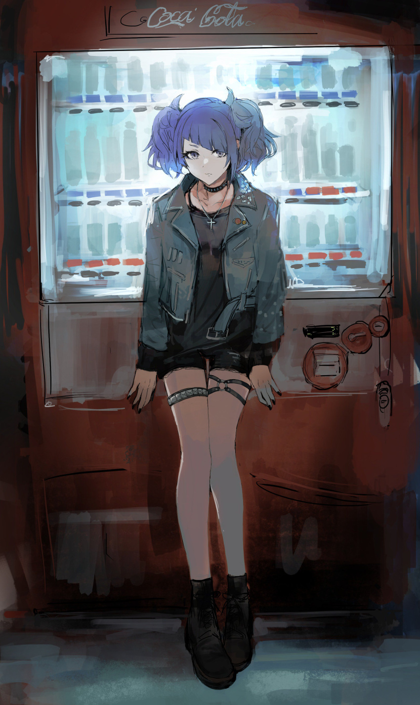 1girl, absurdres, bangs, black_choker, black_footwear, black_shirt, black_shorts, blue_jacket