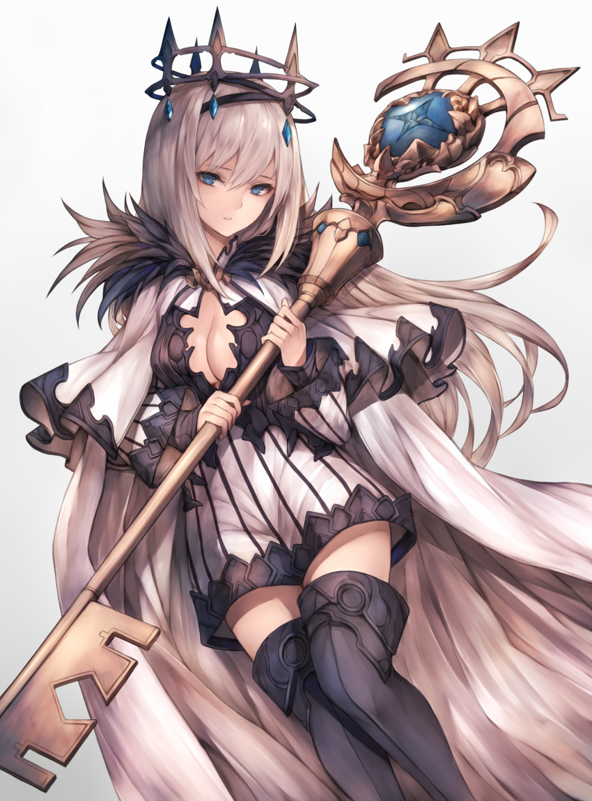 1girl, bangs, black_footwear, blue_eyes, boots, breasts, cape, capelet