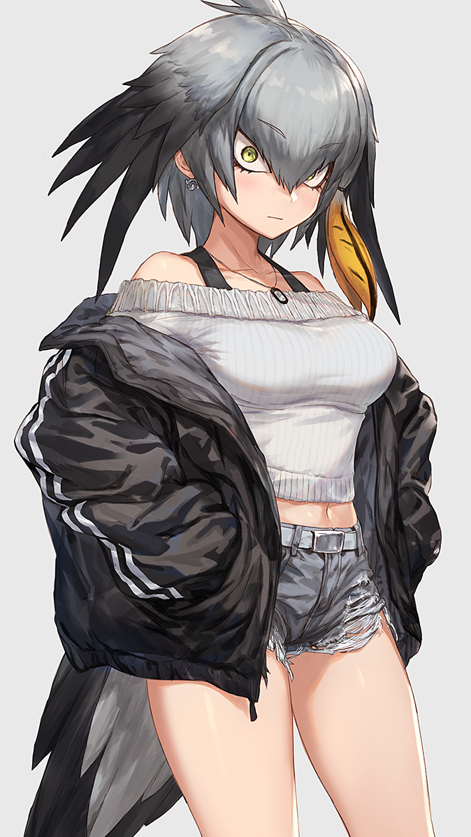 1girl, alternate_costume, bangs, bare_legs, bare_shoulders, belt, bird_tail, black_hair