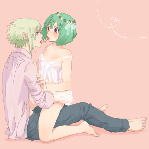 1boy, 1girl, alternate_costume, bare_legs, barefoot, blush, breasts, brera_sterne