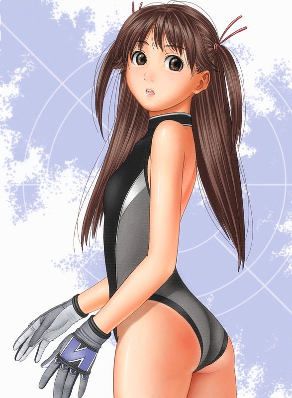 ass, brazen, brown_eyes, brown_hair, gloves, long_hair, looking_back, one-piece