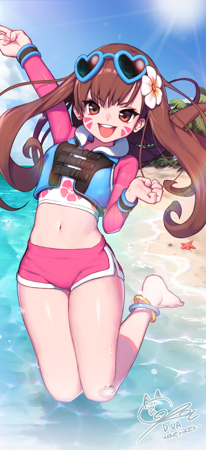 1girl, absurdres, alternate_costume, beach, blue_sky, brown_eyes, brown_hair, character_name
