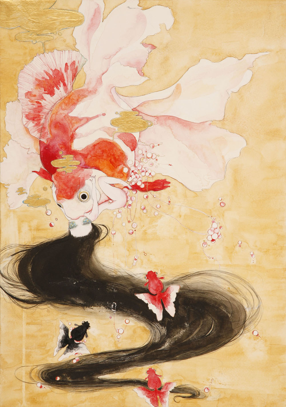 1girl, black_goldfish, black_hair, calligraphy_brush_(medium), commentary_request, fish, full_body, goldfish