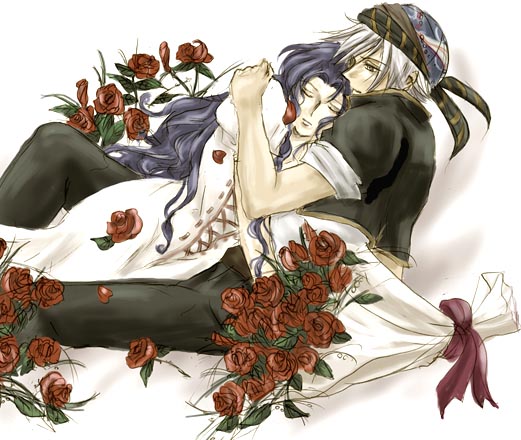 1girl, final_fantasy, final_fantasy_vi, flower, gumi_(nisoniso), hug, lock_cole, long_hair