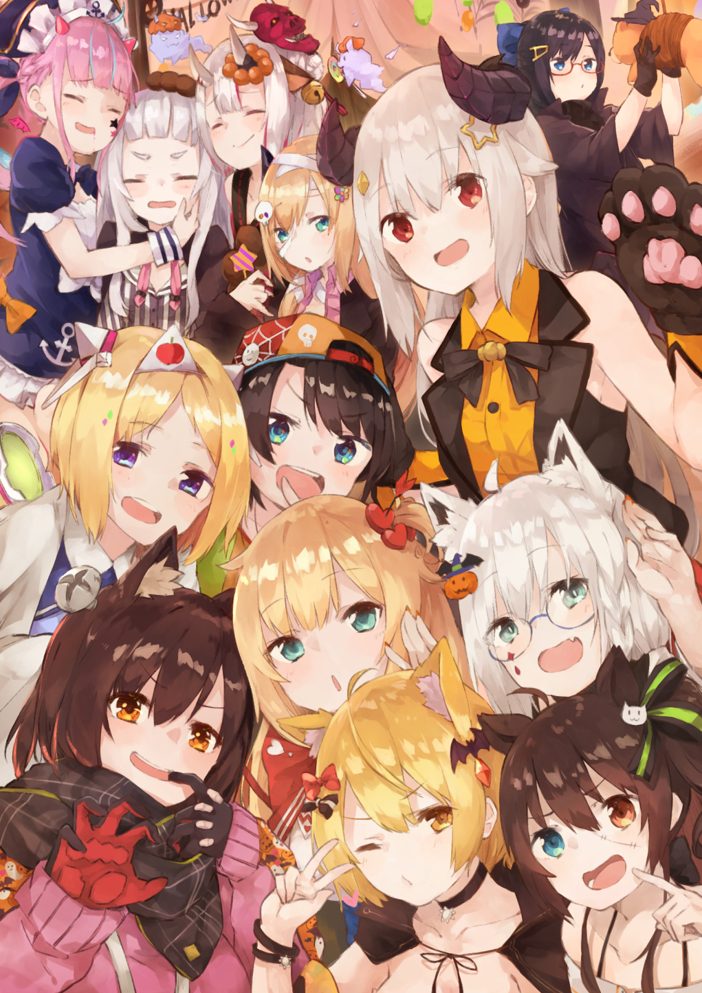 6+girls, akai_haato, aki_rosenthal_(character), alternate_color, animal_ears, ankimo_(tokino_sora_channel), aqua_eyes, backwards_hat