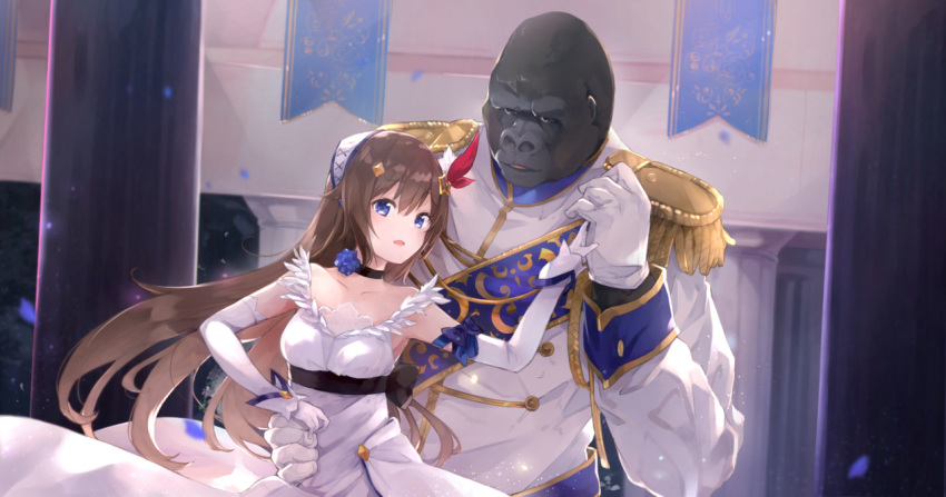 1boy, 1girl, aiguillette, armpits, belt, black_choker, blue_eyes, blue_flower
