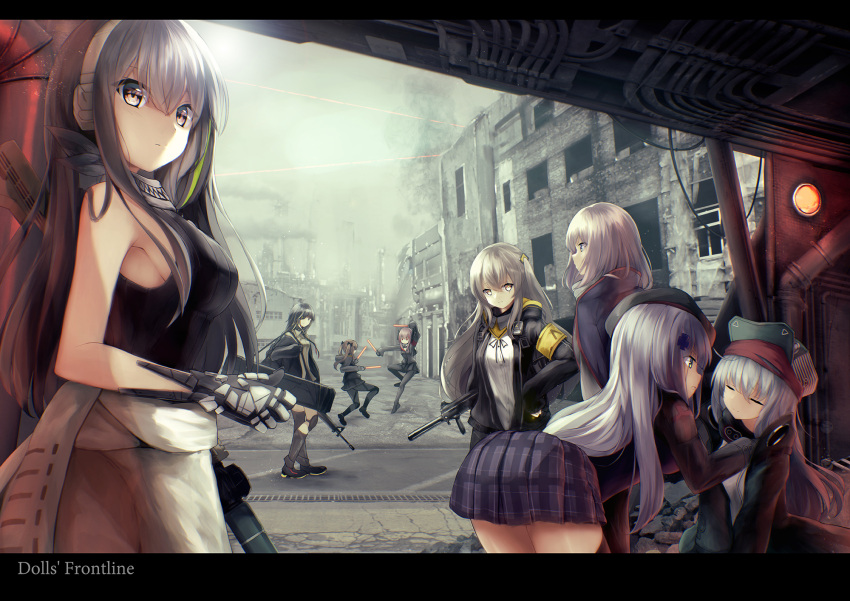 404_(girls_frontline), 6+girls, anti-rain_(girls_frontline), assault_rifle, bangs, beret, black_bow, black_hair