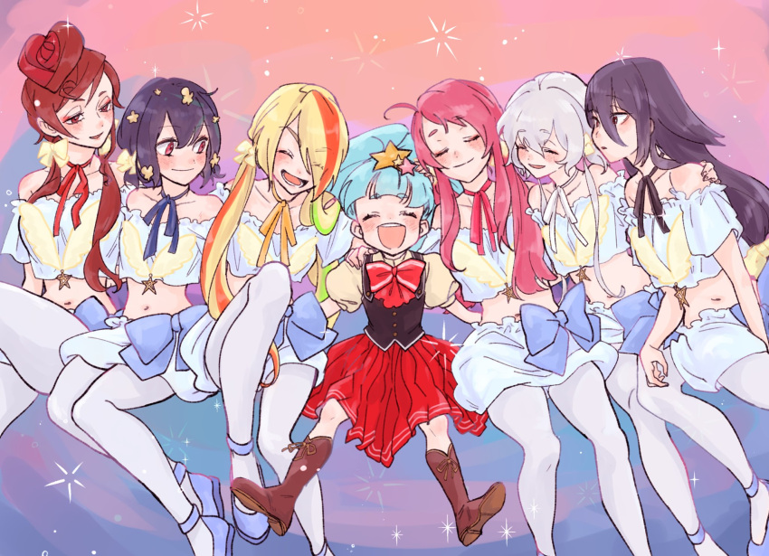 6+girls, arm_around_shoulder, bare_shoulders, black_hair, blonde_hair, blue_footwear, blue_hair, blush, bow, brown_footwear, brown_hair, closed_eyes, commentary, ebichiri_man, english_commentary, eyes_visible_through_hair, hair_bow, hair_ornament, hair_over_one_eye, highres, hoshikawa_lily, hug, idol, konno_junko, long_hair, looking_at_another, midriff, minamoto_sakura, mizuno_ai, multicolored_hair, multiple_girls, nikaidou_saki, pantyhose, puffy_short_sleeves, puffy_sleeves, red_eyes, red_skirt, redhead, short_hair, short_sleeves, silver_hair, skirt, smile, star, star_hair_ornament, streaked_hair, twintails, white_legwear, yamada_tae, yellow_bow, yuugiri_(zombie_land_saga), zombie_land_saga
