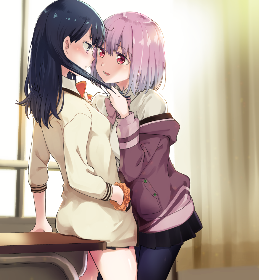 2girls, bangs, black_hair, black_legwear, black_skirt, blue_eyes, blush, commentary_request