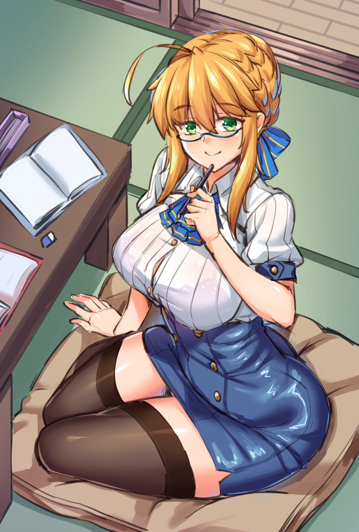 1girl, ahoge, arm_support, artoria_pendragon_(all), artoria_pendragon_(lancer), bangs, bespectacled, between_legs