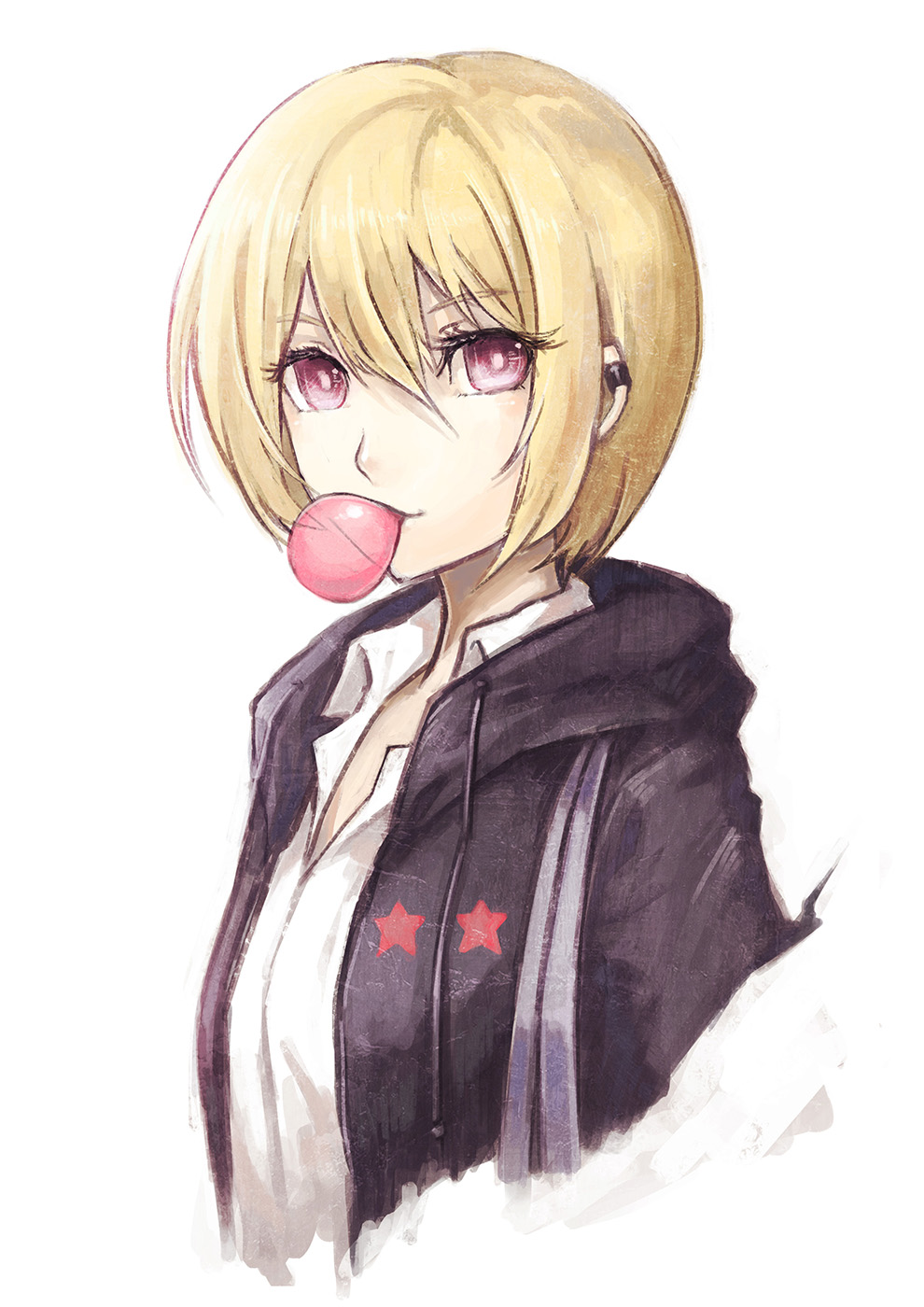 1girl, a-er_(akkij0358), blonde_hair, bright_pupils, bubble_blowing, chewing_gum, collared_shirt, commentary_request