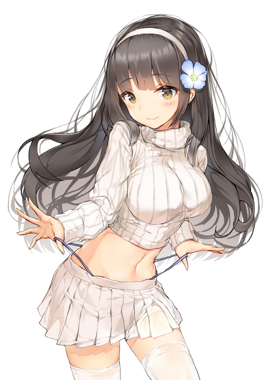 1girl, bangs, black_hair, blush, breasts, casual, closed_mouth, clothes_lift, eyebrows_visible_through_hair, flower, girls_frontline, groin, hair_flower, hair_ornament, hairband, highres, large_breasts, lee_seok_ho, long_hair, looking_at_viewer, navel, panty_tug, pleated_skirt, qbz-95_(girls_frontline), ribbed_sweater, sidelocks, simple_background, skirt, smile, solo, stomach, sweater, sweater_lift, thigh-highs, turtleneck, turtleneck_sweater, very_long_hair, white_background, white_hairband, white_legwear, white_skirt, white_sweater, yellow_eyes