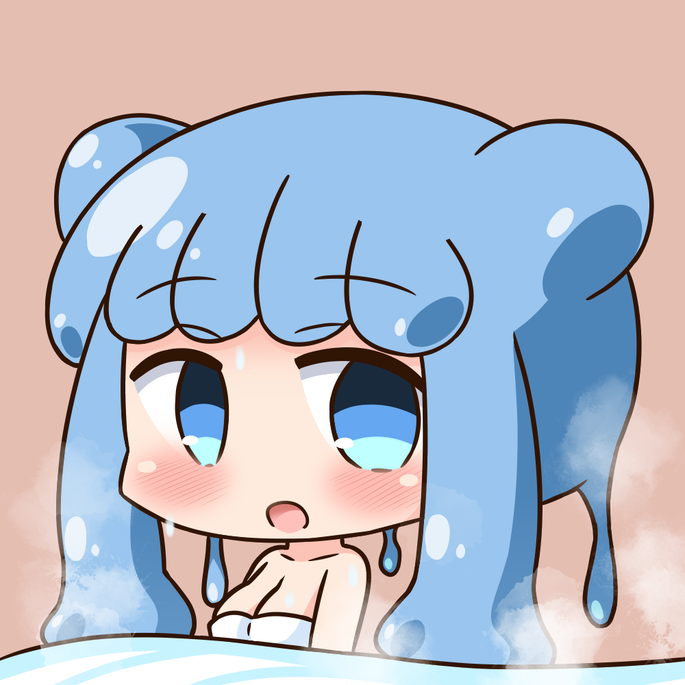 1girl, :d, bangs, bare_shoulders, blue_eyes, blue_hair, blush, breasts, brown_background, chibi, cleavage, collarbone, commentary_request, double_bun, eyebrows_visible_through_hair, half_slime-chan, hana_kazari, long_hair, looking_at_viewer, medium_breasts, naked_towel, open_mouth, original, sidelocks, simple_background, smile, solo, steam, towel