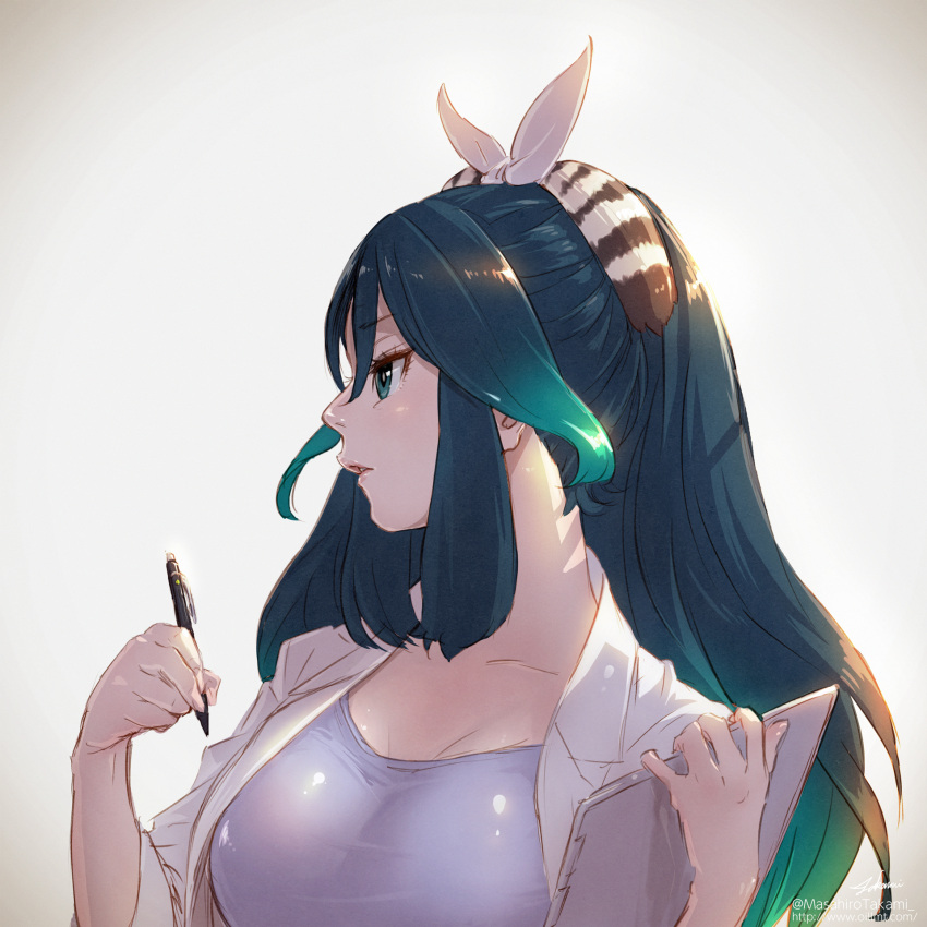 1girl, blush, breasts, clipboard, collarbone, commentary_request, eyebrows_visible_through_hair, green_eyes