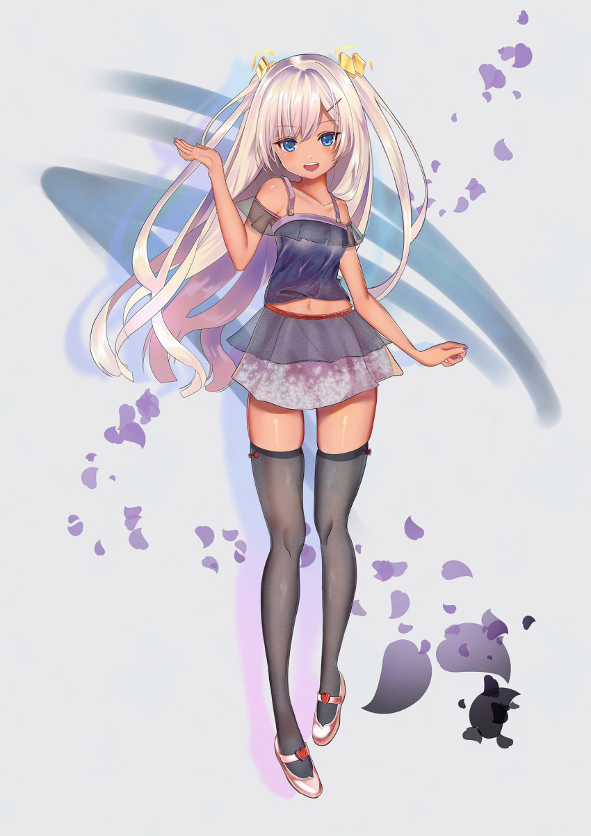 1girl, :d, bangs, bare_shoulders, blue_eyes, blush, brown_footwear, brown_legwear