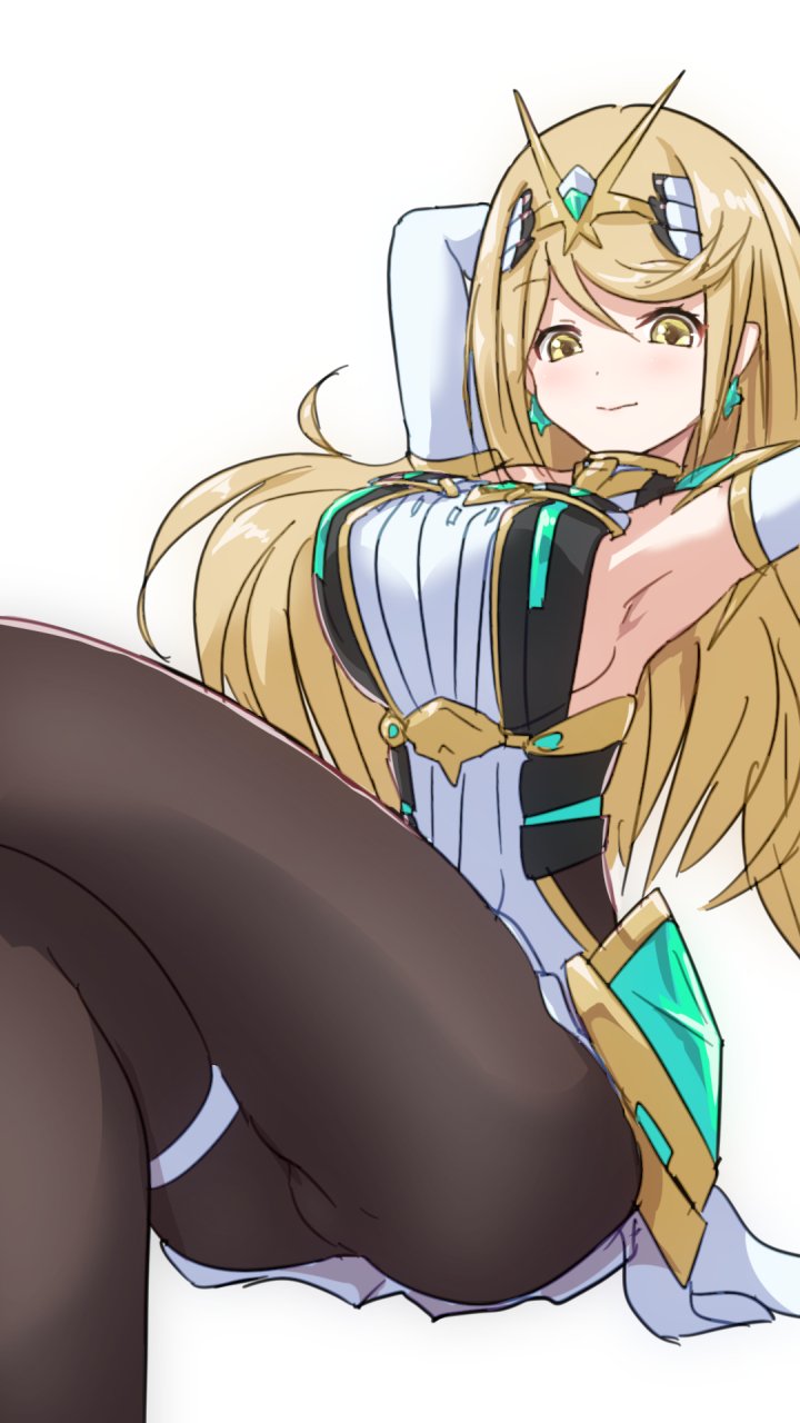 1girl, alternate_costume, armor, bangs, blonde_hair, censored, covered_navel, earrings, gem, gloves, headpiece, highres, mythra_(xenoblade), jewelry, long_hair, looking_at_viewer, nintendo, nke_toumi, pantyhose, simple_background, solo, super_smash_bros., super_smash_bros._ultimate, swept_bangs, thigh_strap, tiara, xenoblade_(series), xenoblade_2, yellow_eyes