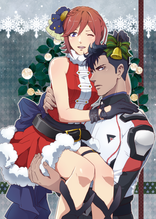 1boy, 1girl, alternate_costume, bare_shoulders, black_gloves, black_hair, blue_eyes, bow, braid, carrying, cero_(cerocero), couple, crown_braid, dark_skin, dark_skinned_male, fur_trim, gloves, hair_ornament, hetero, kaname_buccaneer, looking_at_viewer, macross, macross_delta, messer_ihlefeld, mohawk, official_style, one_eye_closed, princess_carry, redhead, santa_costume, short_hair, sleeveless, smile, thigh_strap