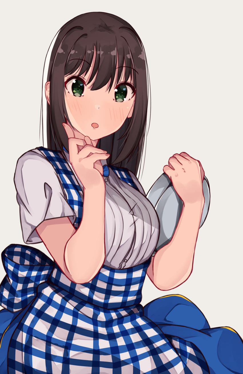 1girl, :o, absurdres, apron, bangs, blue_skirt, blush, breasts, brown_hair, commentary_request, dress_shirt, eyebrows_visible_through_hair, gingham, gingham_apron, green_eyes, grey_background, hair_between_eyes, hands_up, highres, holding, holding_tray, idolmaster, idolmaster_cinderella_girls, kobeya, koubeya_uniform, long_hair, looking_at_viewer, medium_breasts, norazura, parted_lips, shibuya_rin, shirt, short_sleeves, simple_background, skirt, solo, suspender_skirt, suspenders, tray, uniform, waist_apron, white_shirt