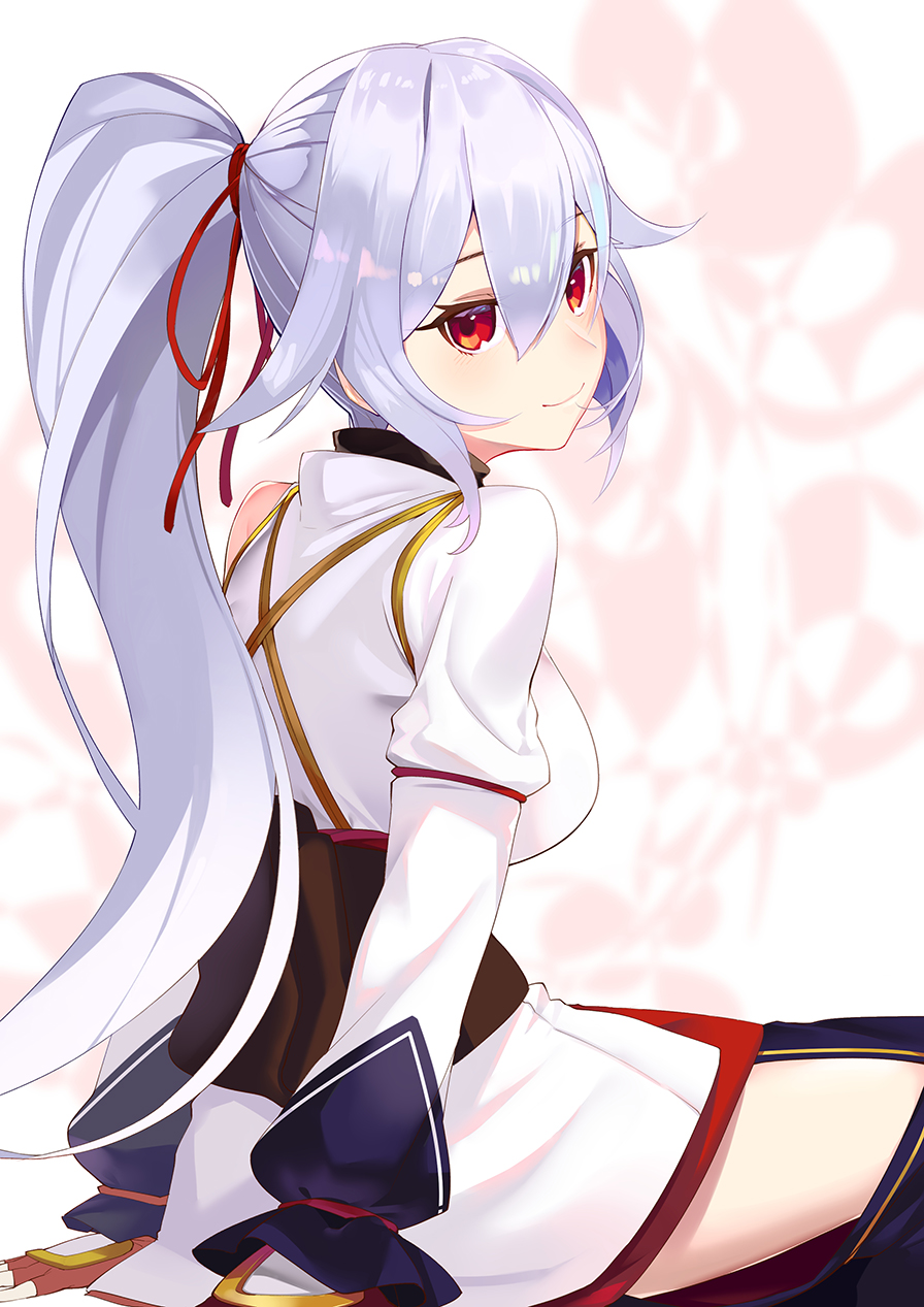1girl, arm_support, bangs, blush, breasts, brown_gloves, closed_mouth, commentary_request