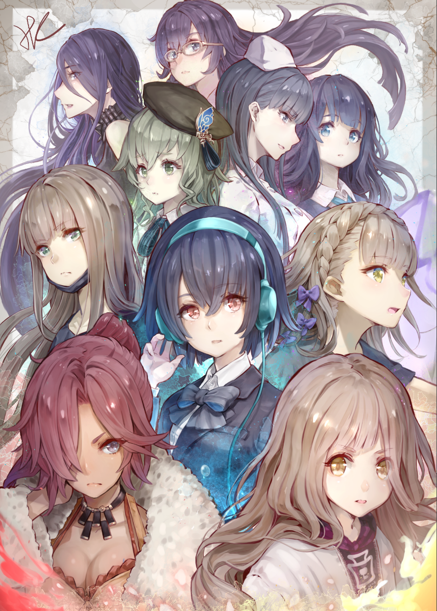 6+boys, alice_(sinoalice), black_choker, black_jacket, blue_eyes, blue_hair, blue_shirt, bow