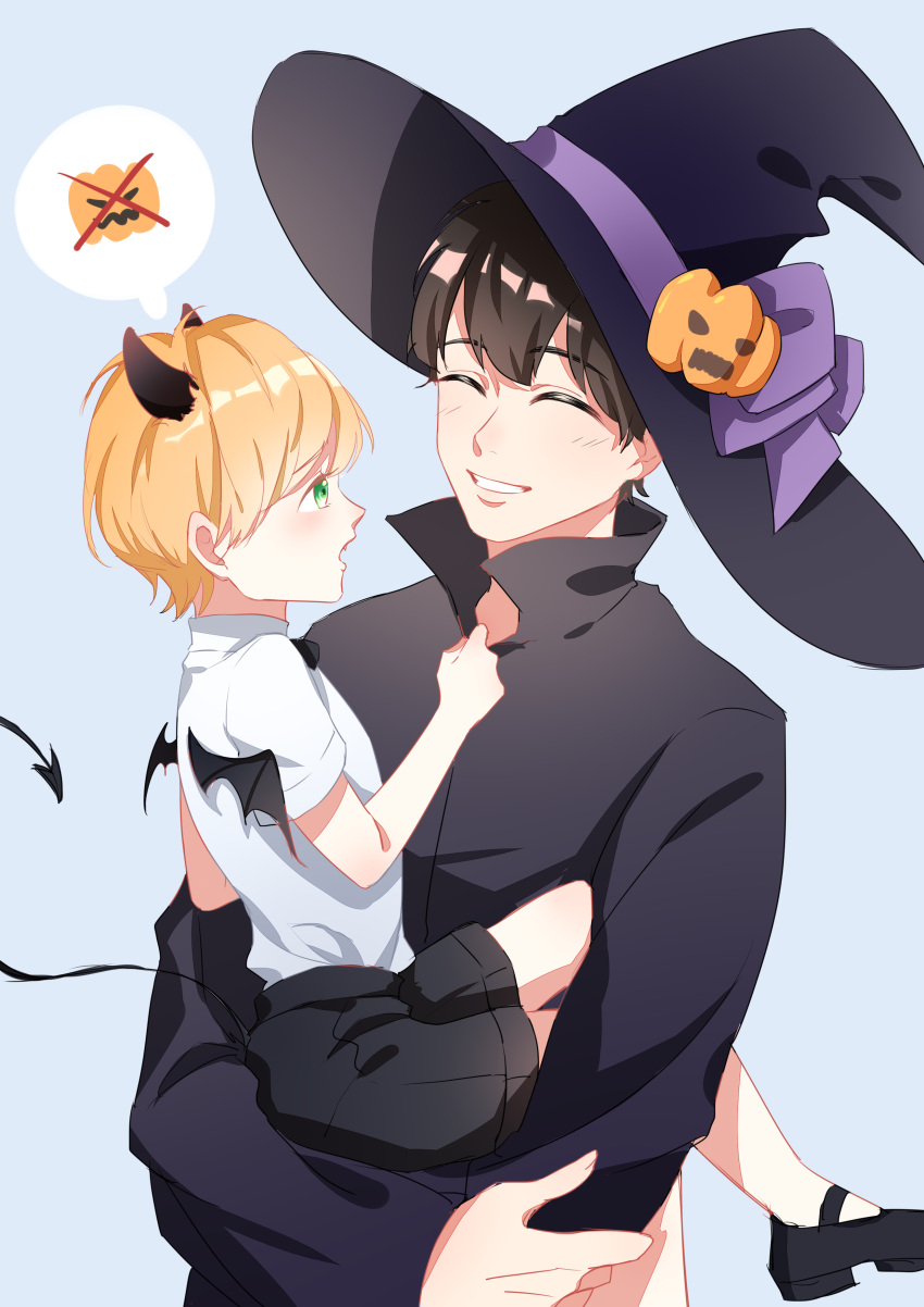 2boys, absurdres, ash_lynx, banana_fish, bat_wings, black_bow, black_hair, black_hat, black_neckwear, black_shorts, blonde_hair, blue_background, bow, bowtie, carrying, child, closed_eyes, collar_grab, facing_another, fang, food_themed_hair_ornament, green_eyes, hair_ornament, hat, hat_bow, highres, horns, male_focus, multiple_boys, okumura_eiji, pumpkin, pumpkin_hair_ornament, purple_bow, shorts, simple_background, smile, speech_bubble, tail, wings, witch_hat, wuxi, younger