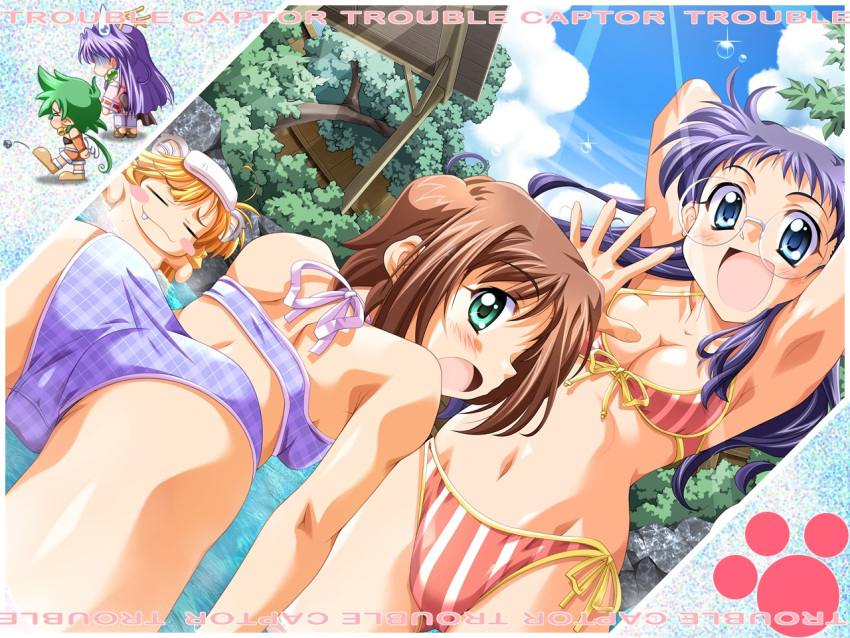 5girls, =_=, armpits, arms_up, ass, bikini, blonde_hair, blue_eyes, blush, breasts, brown_hair, checkered, checkered_bikini, chibi, cleavage, dutch_angle, fang, front-tie_top, glasses, green_eyes, green_hair, hinomiya_natsuha, long_hair, looking_back, mitsuba_(torakapu!), multiple_girls, ogishima_kayo, onsen, open_mouth, ouki_(torakapu!), outdoors, photo_(object), purple_hair, shizuna_(torakapu!), short_hair, side-tie_bikini, striped, striped_bikini, striped_swimsuit, swimsuit, takeya_masami, torakapu!, trouble_captor, wading, wallpaper