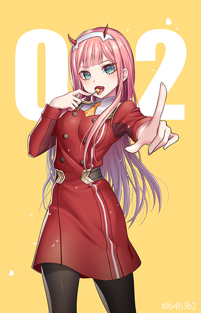 1girl, 4b, bangs, black_legwear, blue_eyes, candy, character_name, cowboy_shot