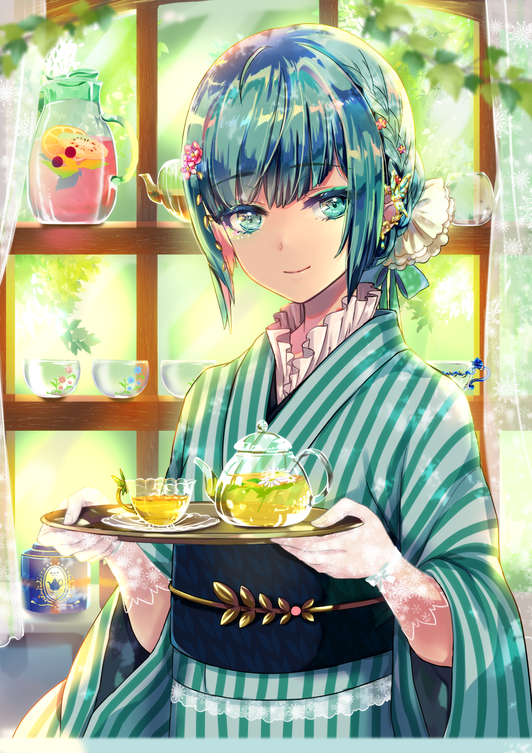 1girl, ahoge, aqua_eyes, aqua_hair, backlighting, bangs, blurry, blurry_background