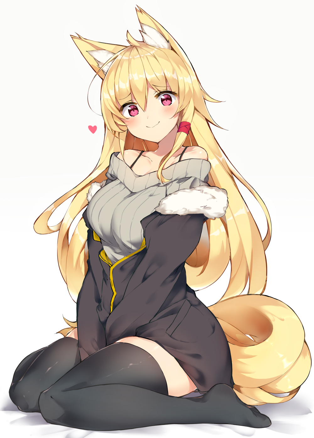 1girl, animal_ears, arms_between_legs, bare_shoulders, black_legwear, blonde_hair, blush, breasts