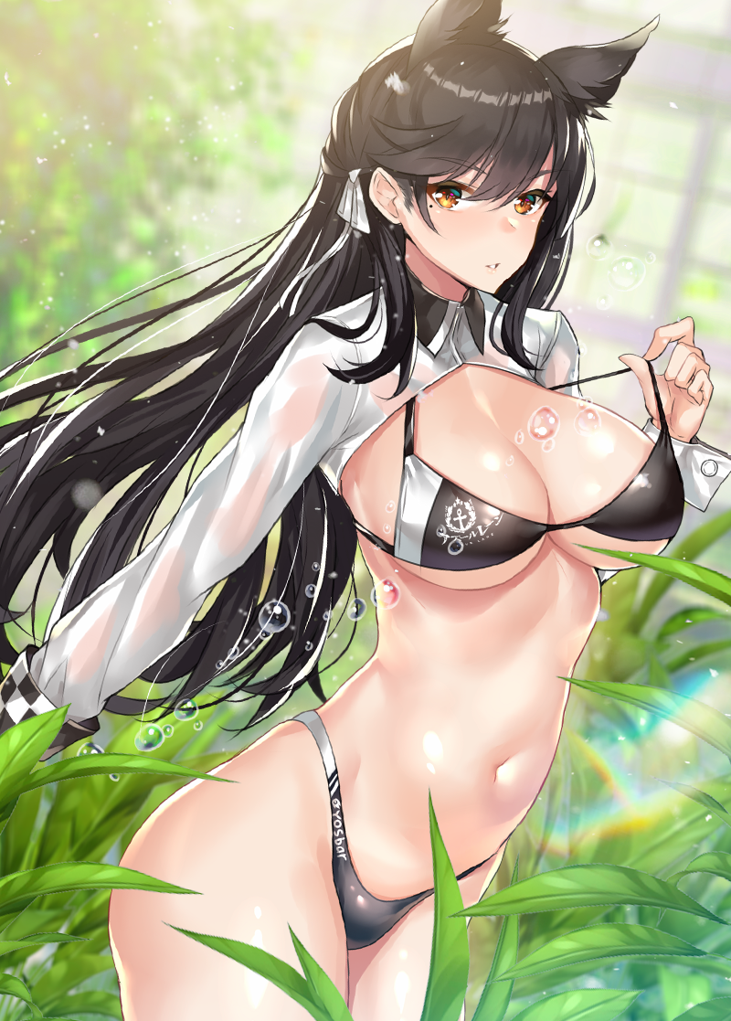 1girl, alternate_costume, animal_ears, ass, atago_(azur_lane), azur_lane, bangs, bikini