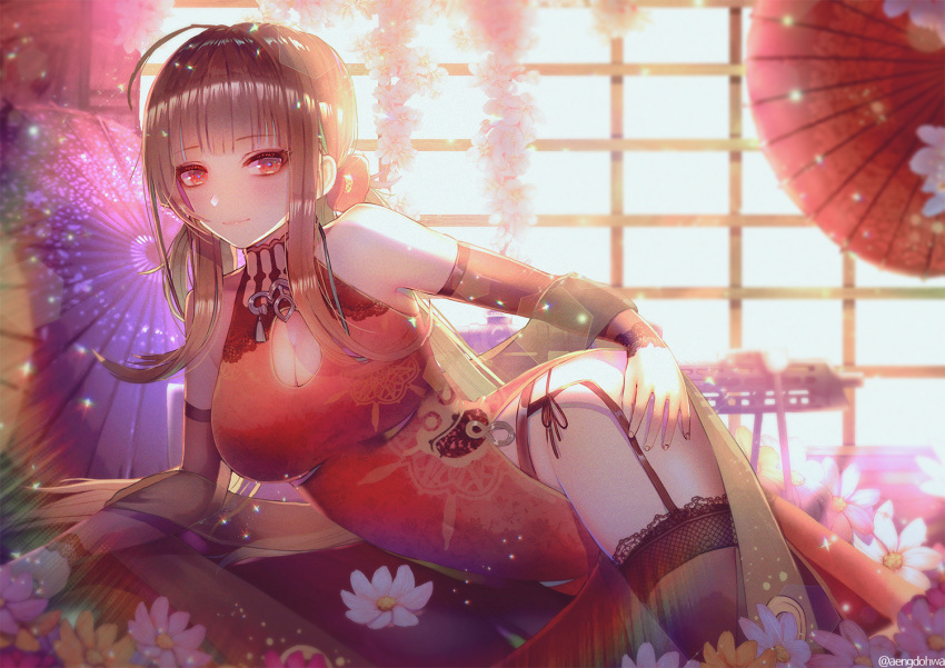 1girl, ahoge, alternate_costume, bangs, bare_shoulders, bipod, black_panties, blunt_bangs