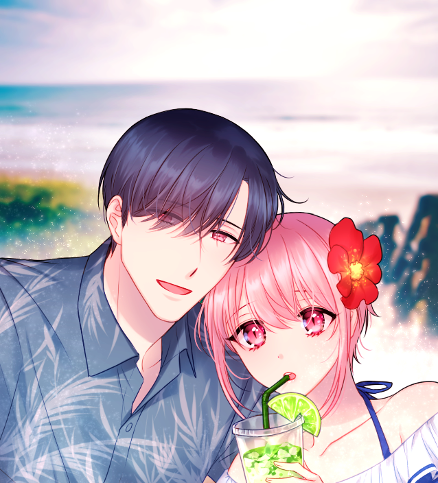 1boy, 1girl, :d, blurry, blurry_background, day, drinking_straw, flower