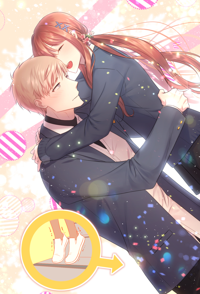 1boy, 1girl, :d, black_skirt, blush, brown_hair, dutch_angle, grey_eyes