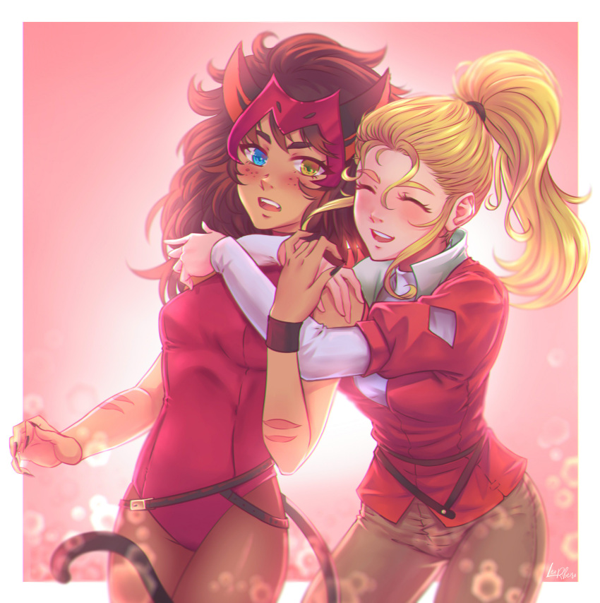 2girls, adora, animal_ears, artist_name, bangs, belt, black_belt, black_nails, blonde_hair, blue_eyes, blurry, blurry_background, blush, brown_pants, catra, closed_eyes, dark_skin, eyebrows_visible_through_hair, fangs, fingernails, freckles, frown, hair_pulled_back, hair_tie, headdress, heterochromia, highres, hug, hug_from_behind, jacket, leaning_forward, leonardo_ribeiro, leotard, long_hair, long_sleeves, looking_at_viewer, multiple_girls, nail_polish, open_mouth, outside_border, pants, ponytail, red_jacket, red_leotard, sharp_fingernails, she-ra_and_princesses_of_power, shirt, short_over_long_sleeves, short_sleeves, signature, smile, standing, tail, thighs, uniform, white_shirt, wristband, yellow_background
