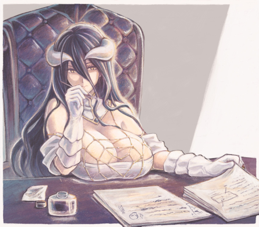 1girl, albedo, bare_shoulders, black_hair, breast_rest, breasts, calligraphy_brush, chair