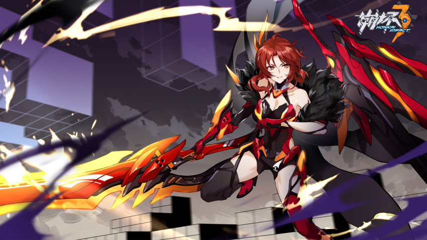 1girl, alternate_costume, alternate_eye_color, arm_strap, armor, armored_jumpsuit, bangs, bare_shoulders, black_legwear, boots, breasts, brown_eyes, choker, claymore_(sword), cleavage, collarbone, cube, eyebrows_visible_through_hair, eyeliner, fire, floating_hair, floating_weapon, fur_trim, gauntlets, gloves, hair_ornament, halterneck, hand_up, highres, hip_vent, holding, holding_sword, holding_weapon, honkai_impact, large_breasts, leg_up, logo, long_hair, looking_at_viewer, makeup, mechanical_wings, murata_himeko, official_art, parted_bangs, parted_lips, red_gloves, red_legwear, redhead, short_jumpsuit, sidelocks, skindentation, sleeveless_jumpsuit, smoke, solo, sword, thigh-highs, thigh_strap, thighs, weapon, wind, wind_lift, wings