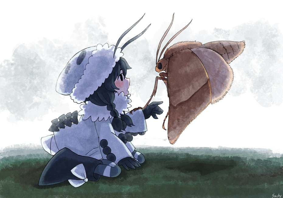 1girl, antennae, beanie, black_eyes, black_gloves, black_hair, boots, braid