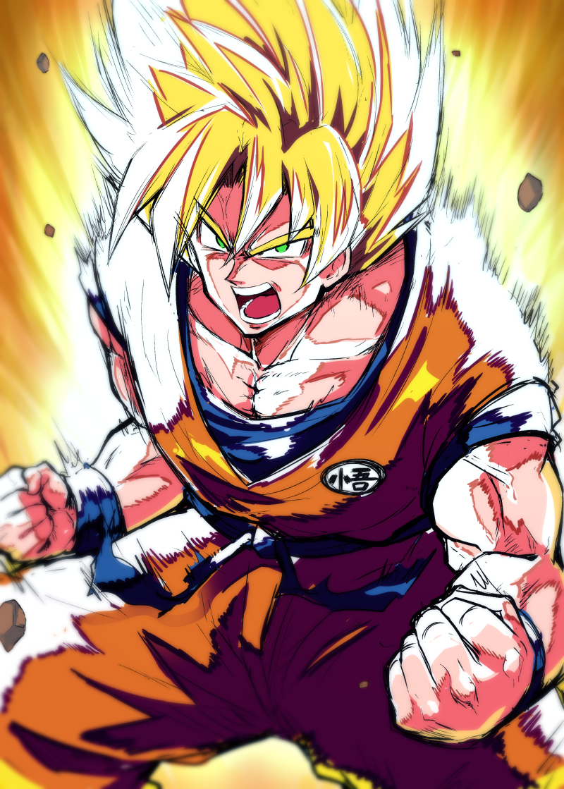 1boy, blonde_hair, charging, chipa_(arutana), collarbone, dragon_ball, dragonball_z, green_eyes