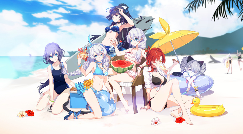 6+girls, absurdres, adjusting_eyewear, ahoge, alternate_costume, ankle_ribbon, aqua_bikini, armpits, ass, ball, bangle, bangs, bare_shoulders, barefoot, beach, beach_umbrella, beachball, bikini, black_bikini, blue_bikini, blue_bow, blue_eyes, blue_footwear, blue_ribbon, blue_sarong, blue_sky, blue_swimsuit, blurry, blurry_background, blush, bow, bracelet, braid, breasts, bronya_zaychik, brown_footwear, cecilia_shania, chair, choker, cici, cleavage, closed_mouth, clothes_writing, collarbone, cooler, crossed_bangs, cup, day, drill_hair, eyebrows_visible_through_hair, eyewear_on_head, feet, floral_print, flower, food, frilled_bikini, frills, fruit, fu_hua_(honkai_impact), hair_between_eyes, hair_bow, hair_ornament, hair_over_shoulder, hairband, hairclip, hibiscus, highres, holding, holding_cup, holding_food, holding_innertube, holding_spoon, holding_surfboard, honkai_impact, innertube, jewelry, kallen_kaslana, kiana_kaslana, knee_up, large_breasts, lavender_eyes, lavender_hair, licking_lips, long_hair, looking_at_viewer, lying, medium_breasts, mole, mole_on_breast, multiple_girls, murata_himeko, neck_ribbon, neckerchief, necklace, ocean, official_art, on_stomach, one-piece_swimsuit, one_eye_closed, open_mouth, outdoors, palm_tree, parted_bangs, parted_lips, pendant, pink_neckwear, ponytail, popsicle, purple_hair, raiden_mei, redhead, ribbon, sand, sandals, sarong, school_swimsuit, see-through, shirt, side_braid, sidelocks, silver_hair, sitting, sky, sleeve_cuffs, small_breasts, smile, source_request, spoon, star, star_hair_ornament, sunflower, sunglasses, swimsuit, theresa_apocalypse, tied_hair, tied_shirt, tongue, tongue_out, tree, twin_braids, twin_drills, twintails, umbrella, very_long_hair, violet_eyes, watermelon, white_bow, white_shirt, wing_collar, wristband, yellow_eyes