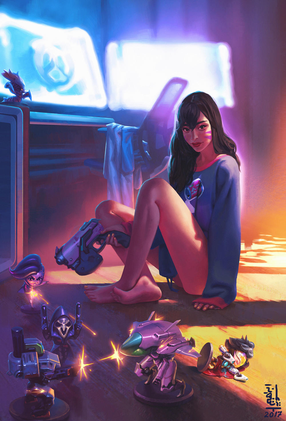 1girl, barefoot, bastion_(overwatch), blood, brown_hair, character_doll, crossed_ankles, d.va_(overwatch), eyebrows, full_body, hair_down, highres, ibrahem_swaid, lips, meka_(overwatch), monitor, naked_sweater, nose, overwatch, overwatch_(logo), reaper_(overwatch), screen_light, sleeves_past_wrists, solo, sombra_(overwatch), starcraft, sweater, toes, tracer_(overwatch), whisker_markings, zerg_(starcraft)