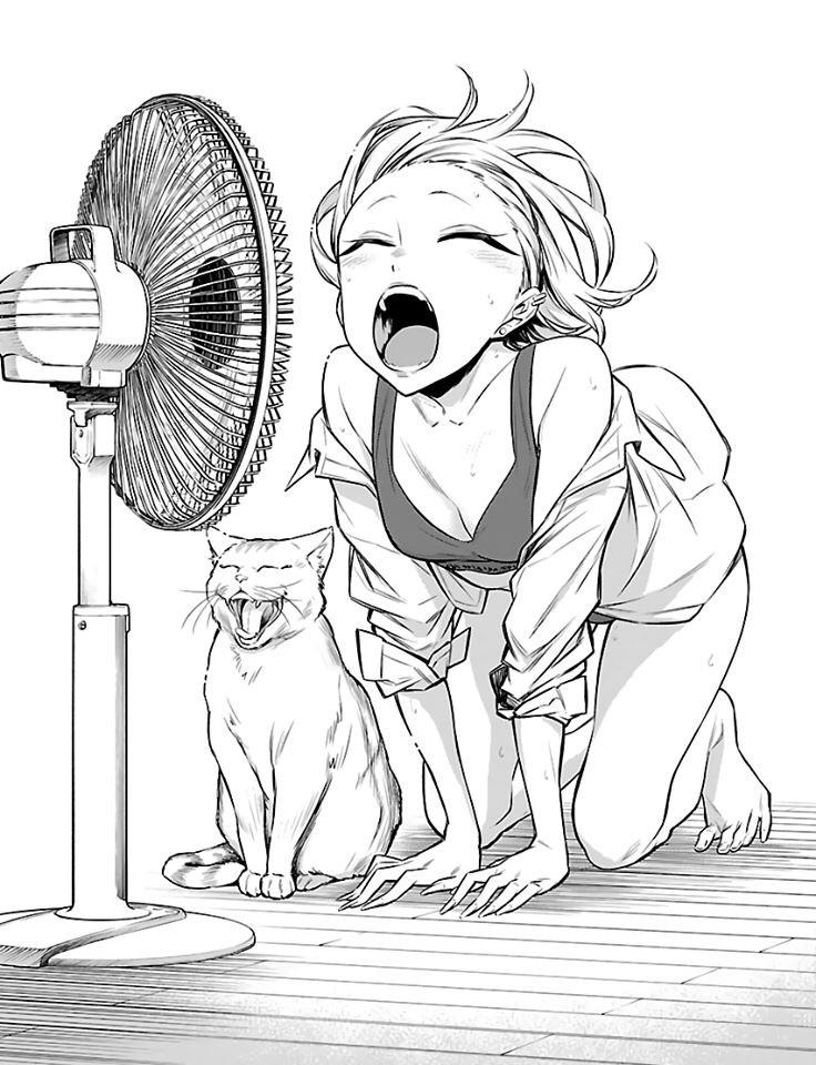 1girl, all_fours, anjou_(ko-tan), barefoot, breasts, cat, cleavage, closed_eyes, downblouse, electric_fan, full_body, hot, medium_hair, open_clothes, open_mouth, open_shirt, sleeves_pushed_up, small_breasts, sweat, yancha_gal_no_anjou-san, yuuichi_katou