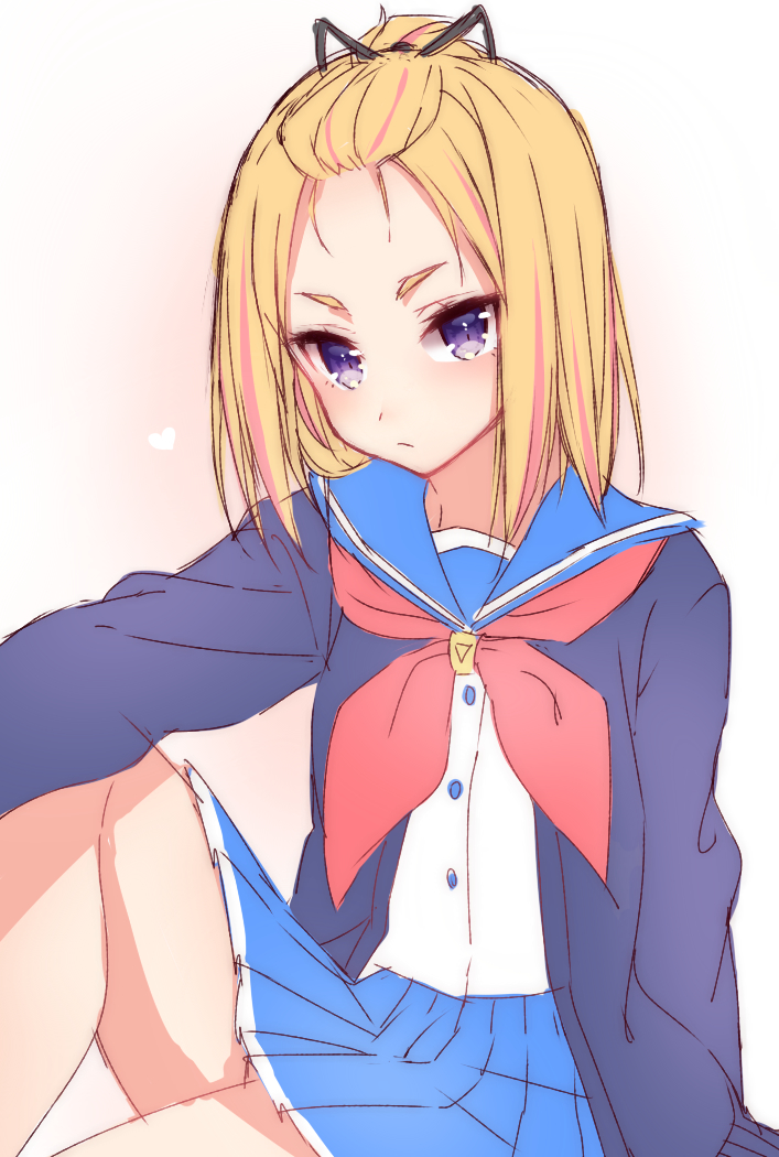 1girl, bangs_pinned_back, blonde_hair, blue_sailor_collar, blue_skirt, flip_flappers, heart, jacket, light_blush, long_sleeves, multicolored_hair, neckerchief, open_clothes, open_jacket, pink_background, pleated_skirt, purple_jacket, red_neckwear, sailor_collar, sakura_shiho, serflygod, shirt, short_hair, sitting, skirt, solo, streaked_hair, violet_eyes, white_shirt, yayaka