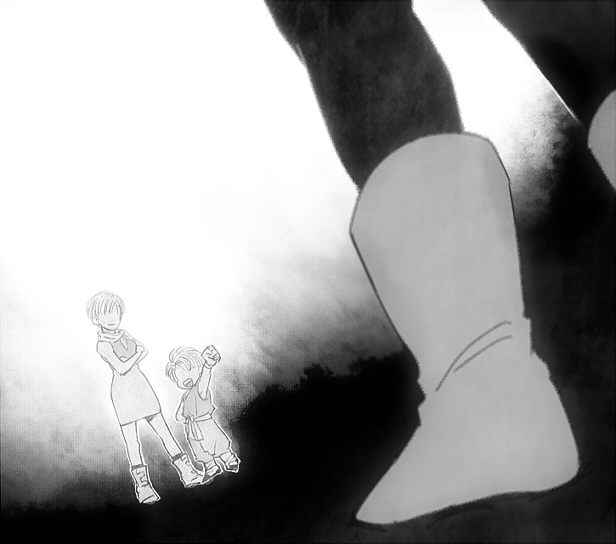1girl, 2boys, :d, arm_up, black_background, boots, bulma, crossed_arms, dougi, dragon_ball, dragonball_z, dress, dutch_angle, father_and_son, full_body, gradient, gradient_background, grey_background, happy, head_out_of_frame, height_difference, mother_and_son, multiple_boys, neckerchief, no_eyes, open_mouth, ousamasuteki, out_of_frame, short_hair, simple_background, sleeveless, sleeveless_dress, smile, standing, trunks_(dragon_ball), vegeta, white_background