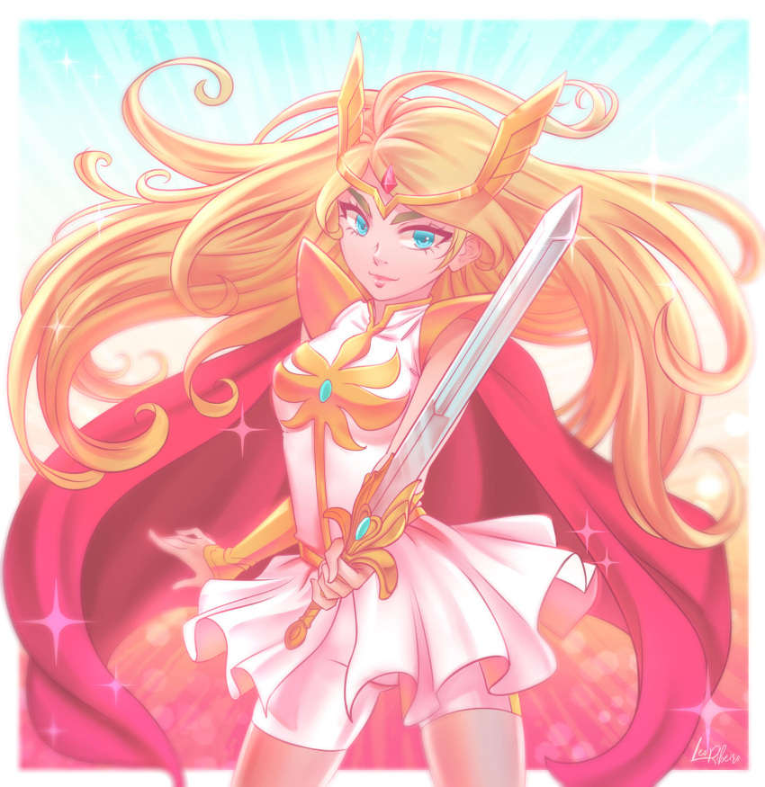 1girl, absurdres, artist_name, bike_shorts, blonde_hair, blue_eyes, blurry, blurry_background, closed_mouth, commentary, cowboy_shot, english_commentary, floating_hair, gauntlets, gem, headdress, highres, holding, holding_sword, holding_weapon, leonardo_ribeiro, lips, long_hair, looking_at_viewer, masters_of_the_universe, multicolored, multicolored_background, outside_border, overskirt, pauldrons, she-ra, she-ra_and_princesses_of_power, shirt, shorts, signature, skirt, sleeveless, sleeveless_shirt, smile, solo, sparkle, standing, sword, sword_of_protection, weapon, white_shirt, white_shorts, white_skirt