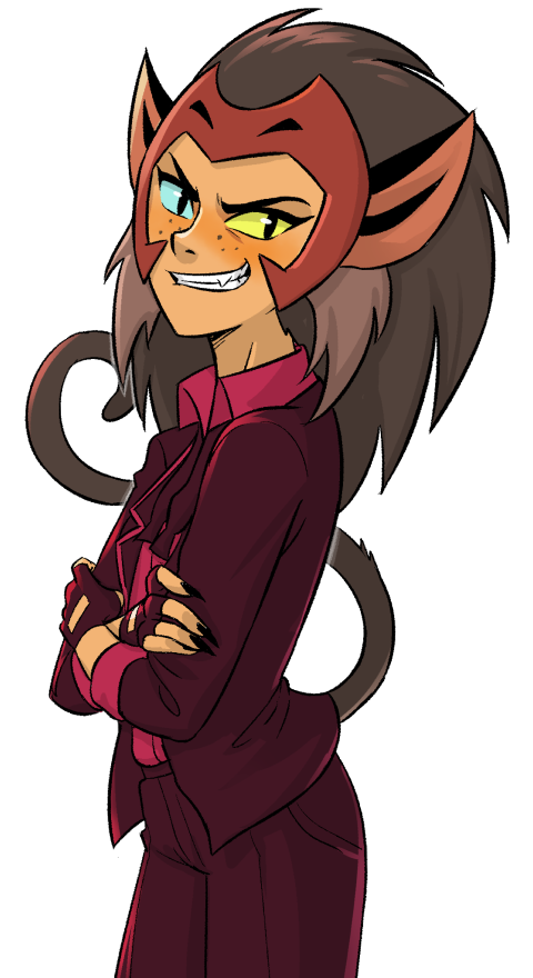 1girl, animal_ears, black_gloves, black_jacket, black_nails, black_neckwear, black_pants, blazer, blue_eyes, bow, bowtie, brown_hair, catra, commentary, cowboy_shot, crossed_arms, dress_shirt, english_commentary, evil_grin, evil_smile, fingerless_gloves, fingernails, freckles, from_side, gloves, grin, head_tilt, headdress, heterochromia, jacket, long_hair, looking_at_viewer, masters_of_the_universe, nail_polish, pants, purple_shirt, sharp_fingernails, sharp_teeth, she-ra_and_princesses_of_power, shirt, simple_background, smile, solo, standing, ta-na, tail, teeth, untied, v-shaped_eyebrows, white_background, yellow_eyes