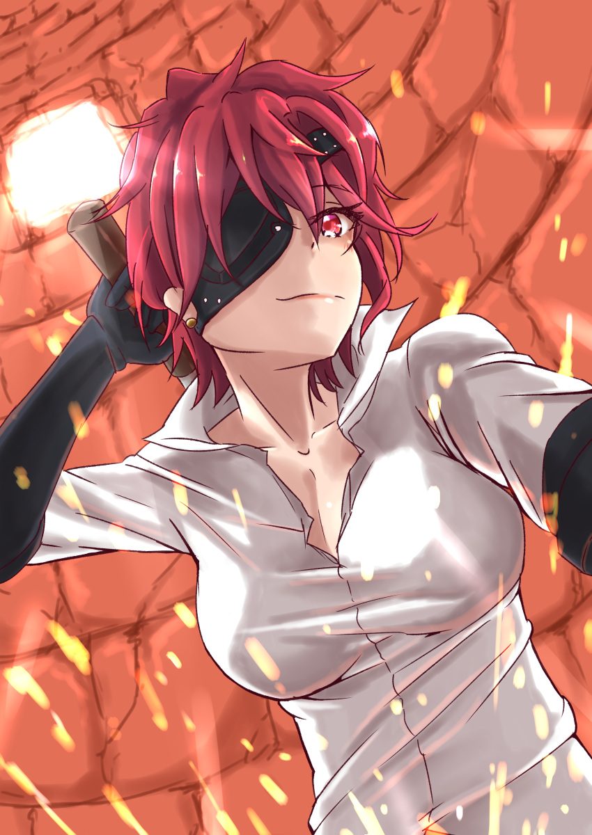 1girl, absurdres, arm_up, black_eyepatch, black_gloves, blacksmith, brick_wall, collarbone, dress_shirt, dungeon_ni_deai_wo_motomeru_no_wa_machigatteiru_darou_ka, earrings, egvx5337, elbow_gloves, eyelashes, eyepatch, from_below, furnace, gloves, hammer, hephaistos_(danmachi), highres, jewelry, lips, looking_at_viewer, messy_hair, orange_background, pov, red_eyes, redhead, shirt, short_hair, solo, sparks, stud_earrings, taut_clothes, upper_body, white_shirt
