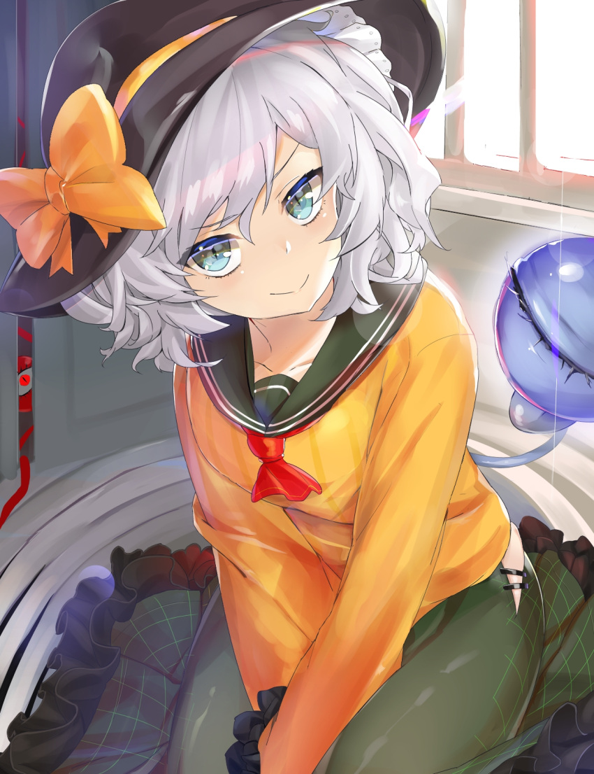 1girl, ashu, between_legs, blouse, blue_eyes, blurry, bokeh, bow