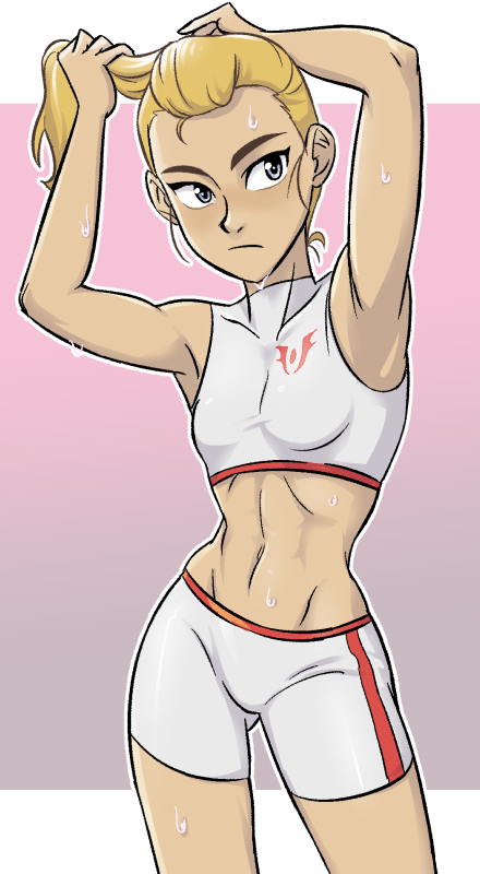 1girl, abs, adjusting_hair, adora, armpits, arms_behind_head, arms_up, bike_shorts