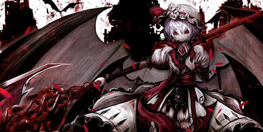 1girl, bangs, bat_wings, brooch, denpa_rasaito, detached_sleeves, dress, energy